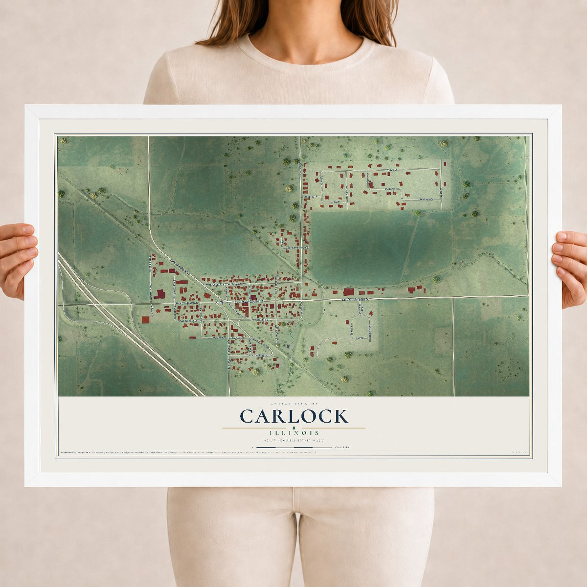 Map of Carlock, Illinois, 18 x 24 inch print in a white wood frame