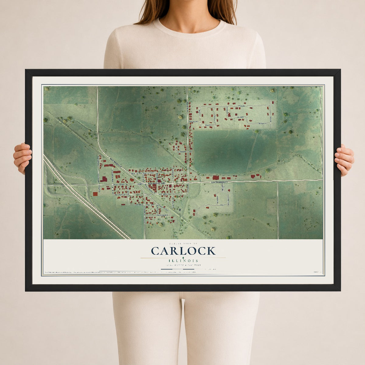 Map of Carlock, Illinois, 24 x 36 inch print in a black wood frame