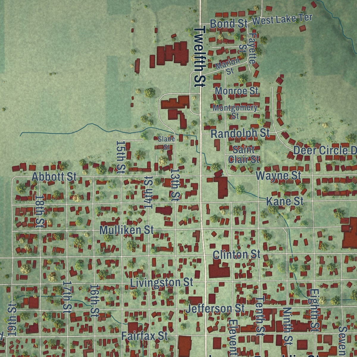 Close-up of the map of Carlyle, Illinois print showing street and building detail