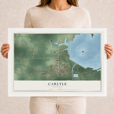 Map of Carlyle, Illinois, 12 x 18 inch print in a white wood frame