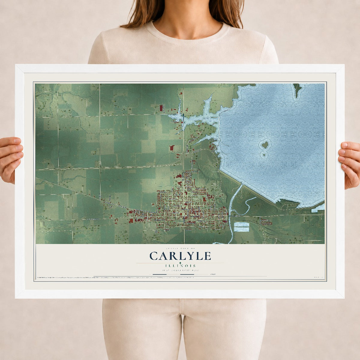 Map of Carlyle, Illinois, 18 x 24 inch print in a white wood frame