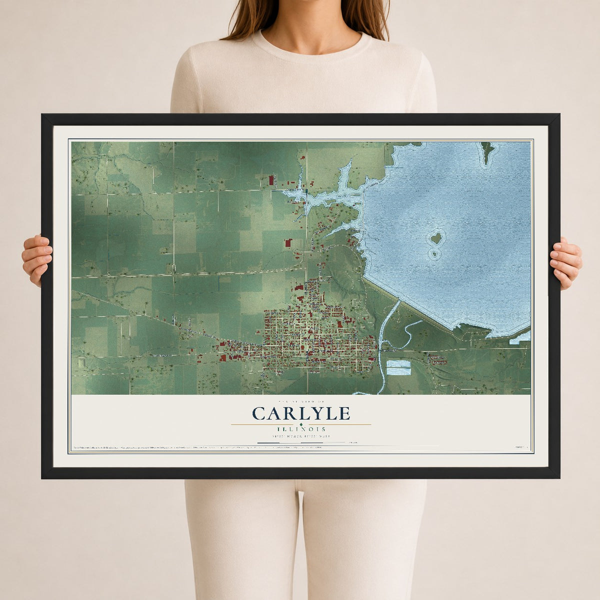 Map of Carlyle, Illinois, 24 x 36 inch print in a black wood frame