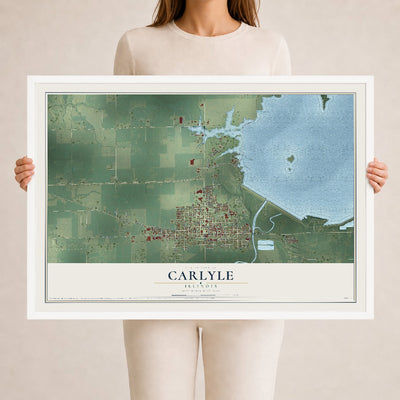 Map of Carlyle, Illinois, 24 x 36 inch print in a white wood frame