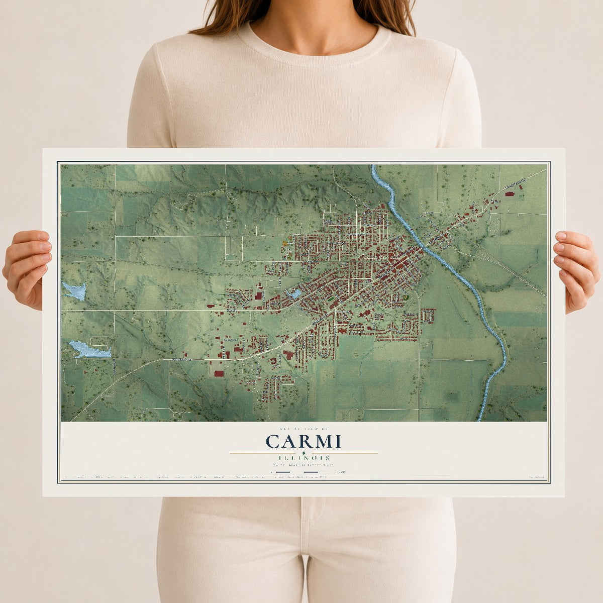 Map of Carmi, Illinois, 12 x 18 inch unframed archival matte print