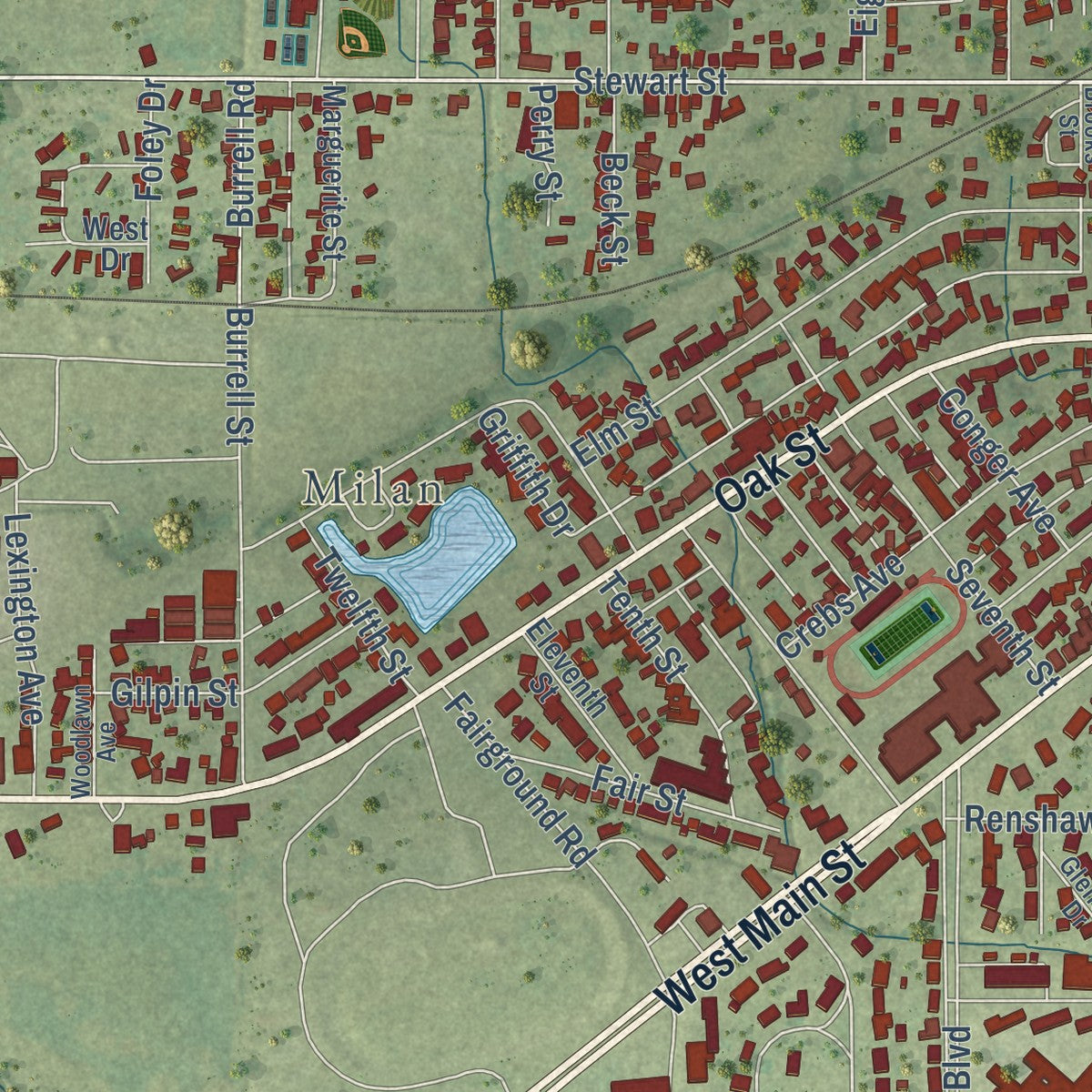 Close-up of the map of Carmi, Illinois print showing street and building detail