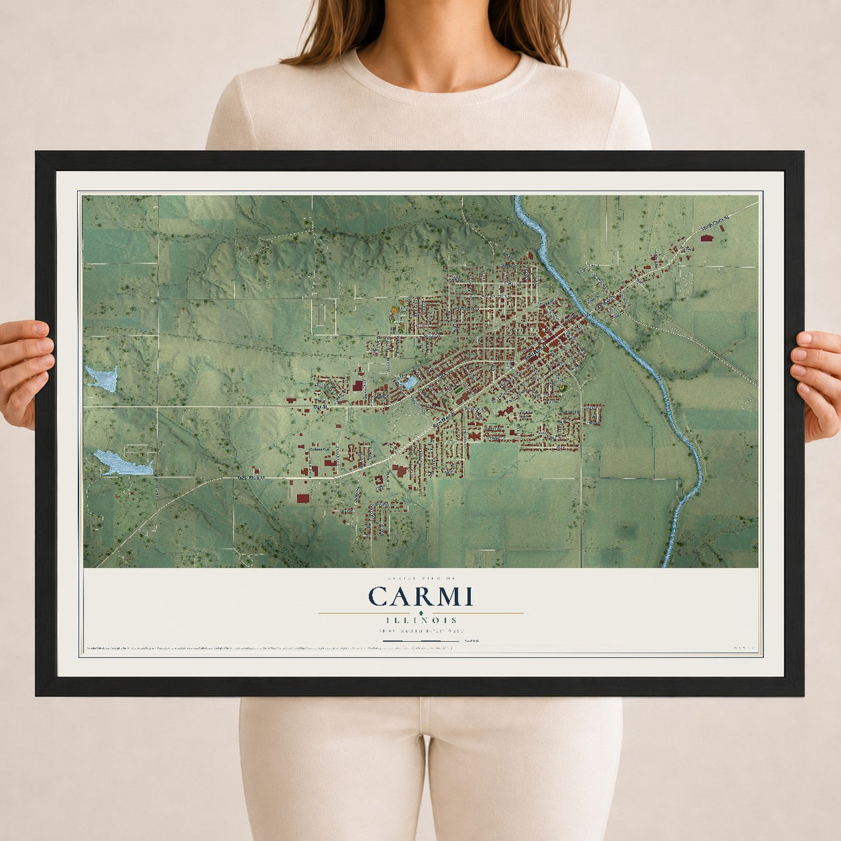 Map of Carmi, Illinois, 18 x 24 inch print in a black wood frame