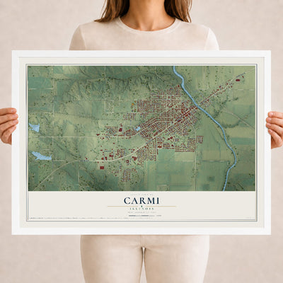 Map of Carmi, Illinois, 18 x 24 inch print in a white wood frame