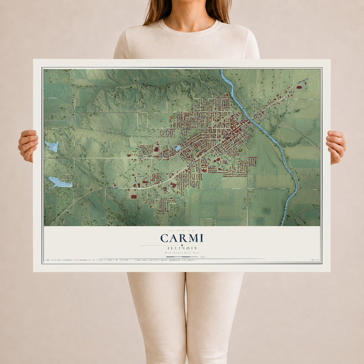 Map of Carmi, Illinois, 24 x 36 inch unframed archival matte print