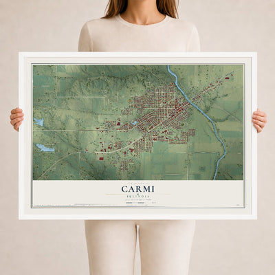 Map of Carmi, Illinois, 24 x 36 inch print in a white wood frame