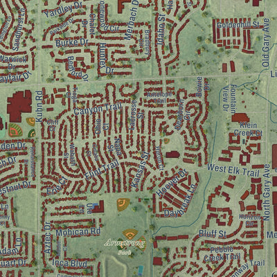 Second close-up of the map of Carol Stream, Illinois print showing more streets and buildings