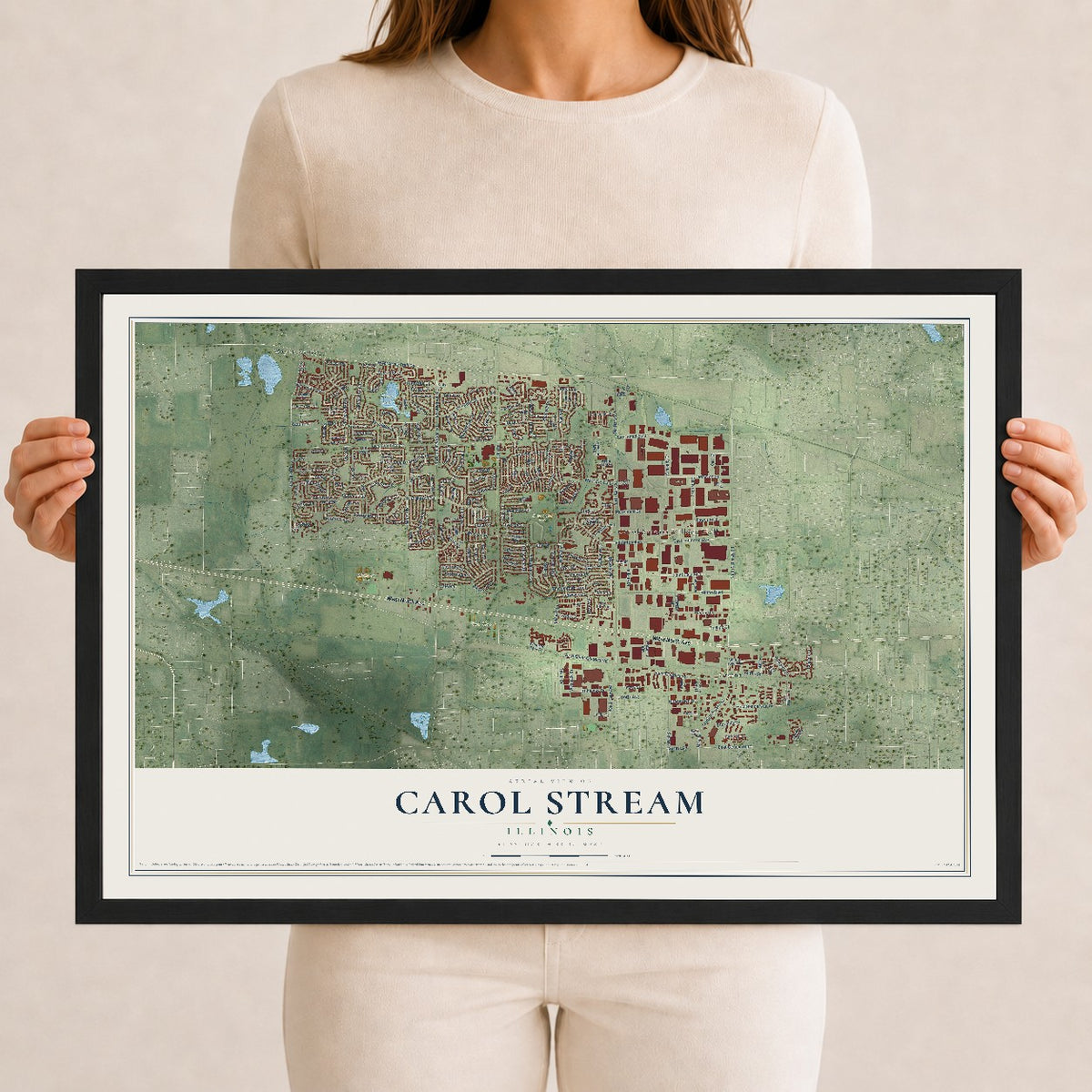 Map of Carol Stream, Illinois, 12 x 18 inch print in a black wood frame