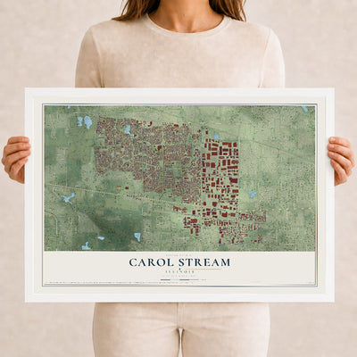 Map of Carol Stream, Illinois, 12 x 18 inch print in a white wood frame