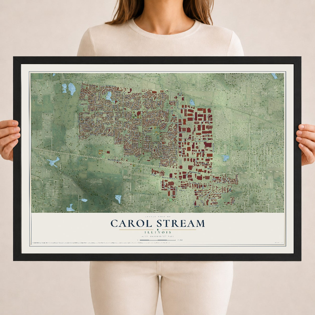 Map of Carol Stream, Illinois, 18 x 24 inch print in a black wood frame