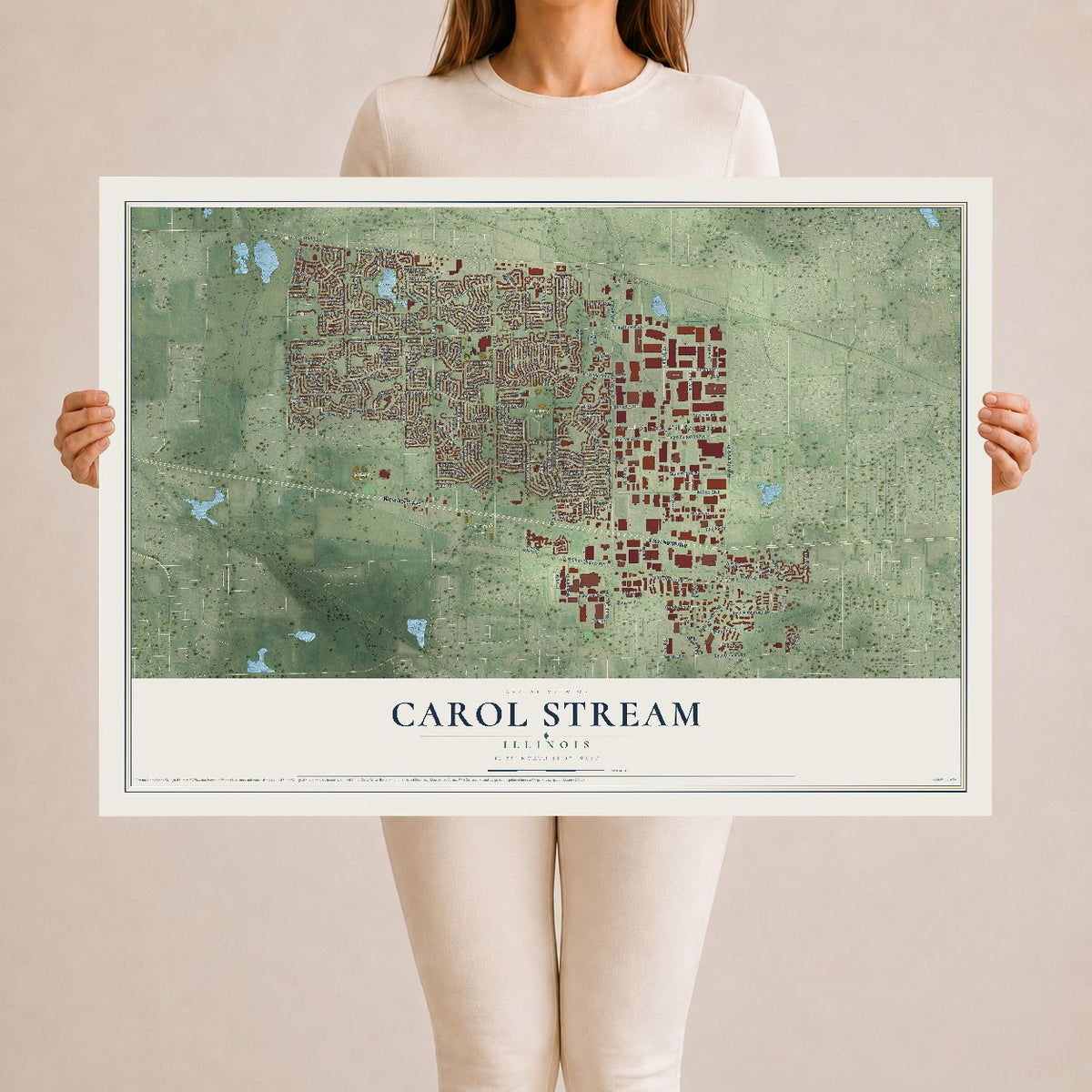 Map of Carol Stream, Illinois, 24 x 36 inch unframed archival matte print