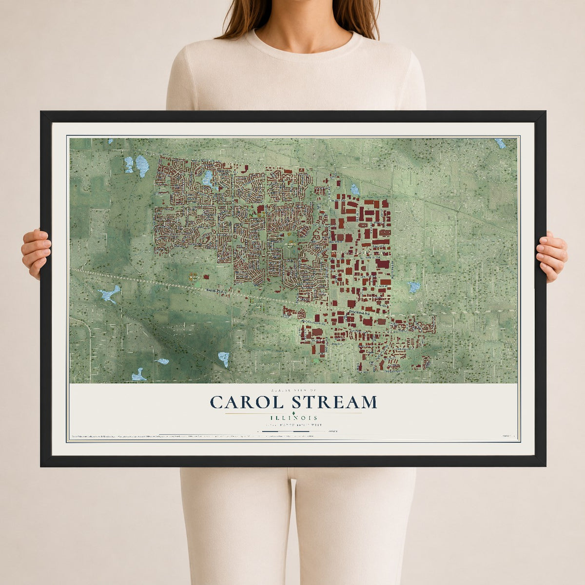 Map of Carol Stream, Illinois, 24 x 36 inch print in a black wood frame