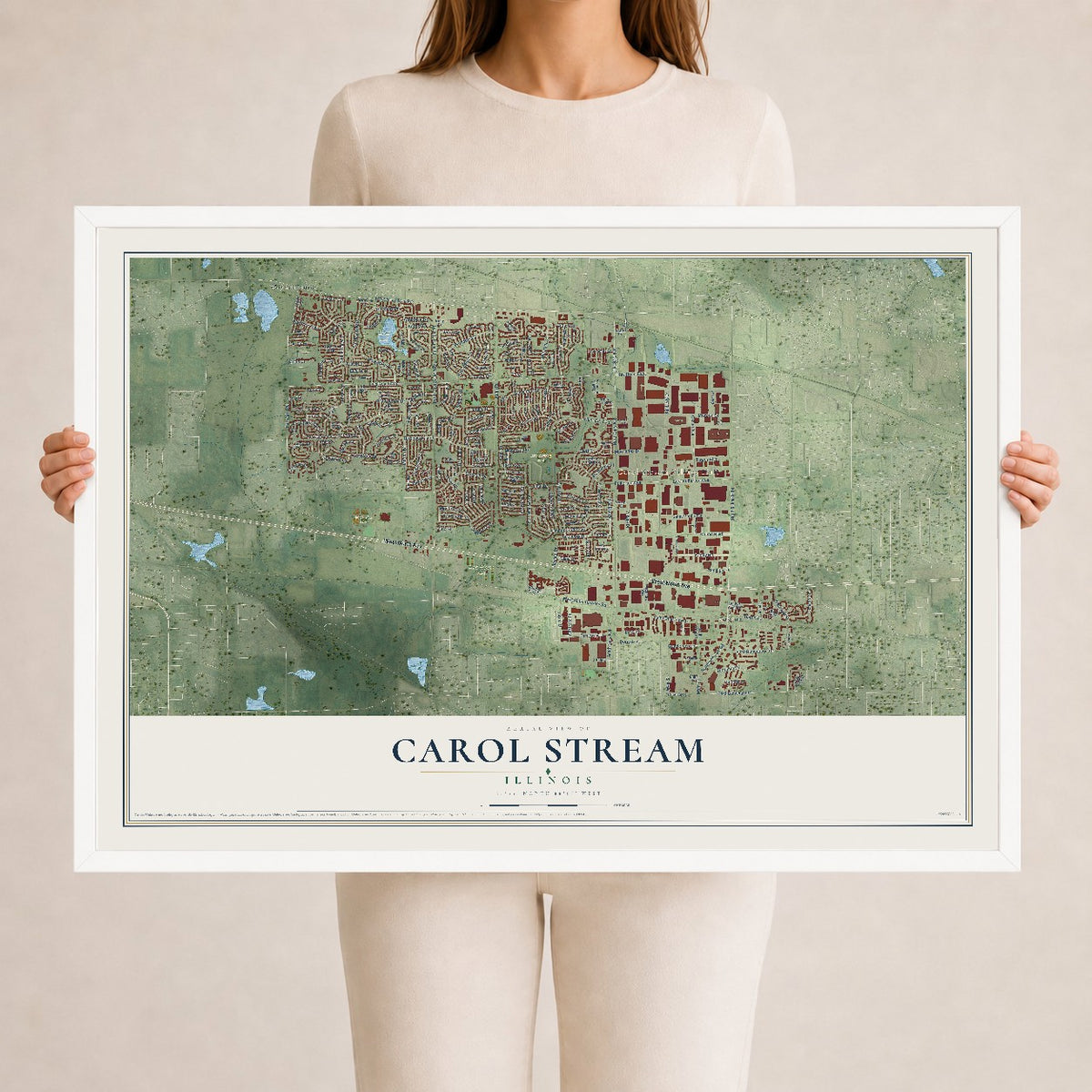 Map of Carol Stream, Illinois, 24 x 36 inch print in a white wood frame