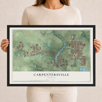 Map of Carpentersville, Illinois, 12 x 18 inch print in a black wood frame