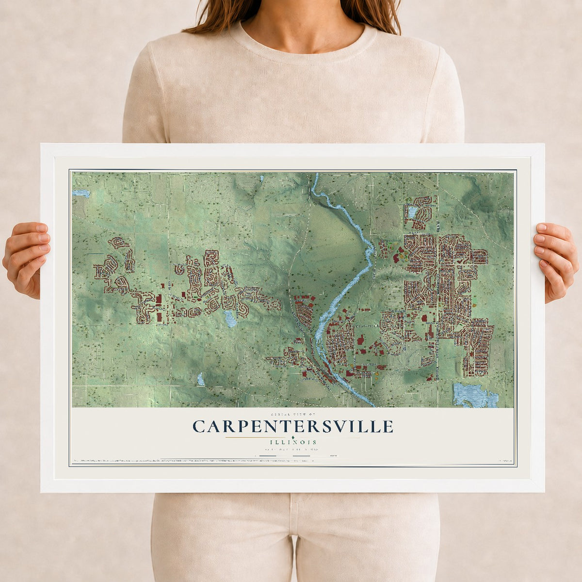 Map of Carpentersville, Illinois, 12 x 18 inch print in a white wood frame