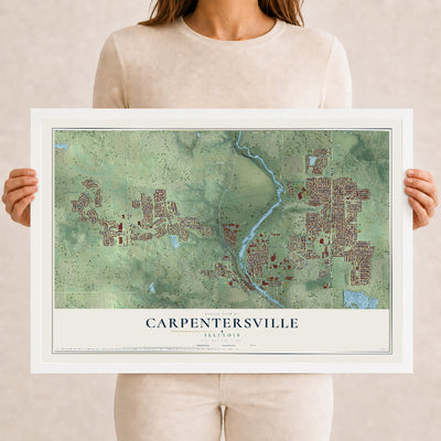 Map of Carpentersville, Illinois, 12 x 18 inch print in a white wood frame
