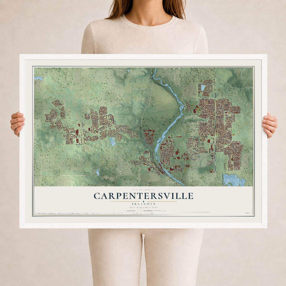 Map of Carpentersville, Illinois, 24 x 36 inch print in a white wood frame