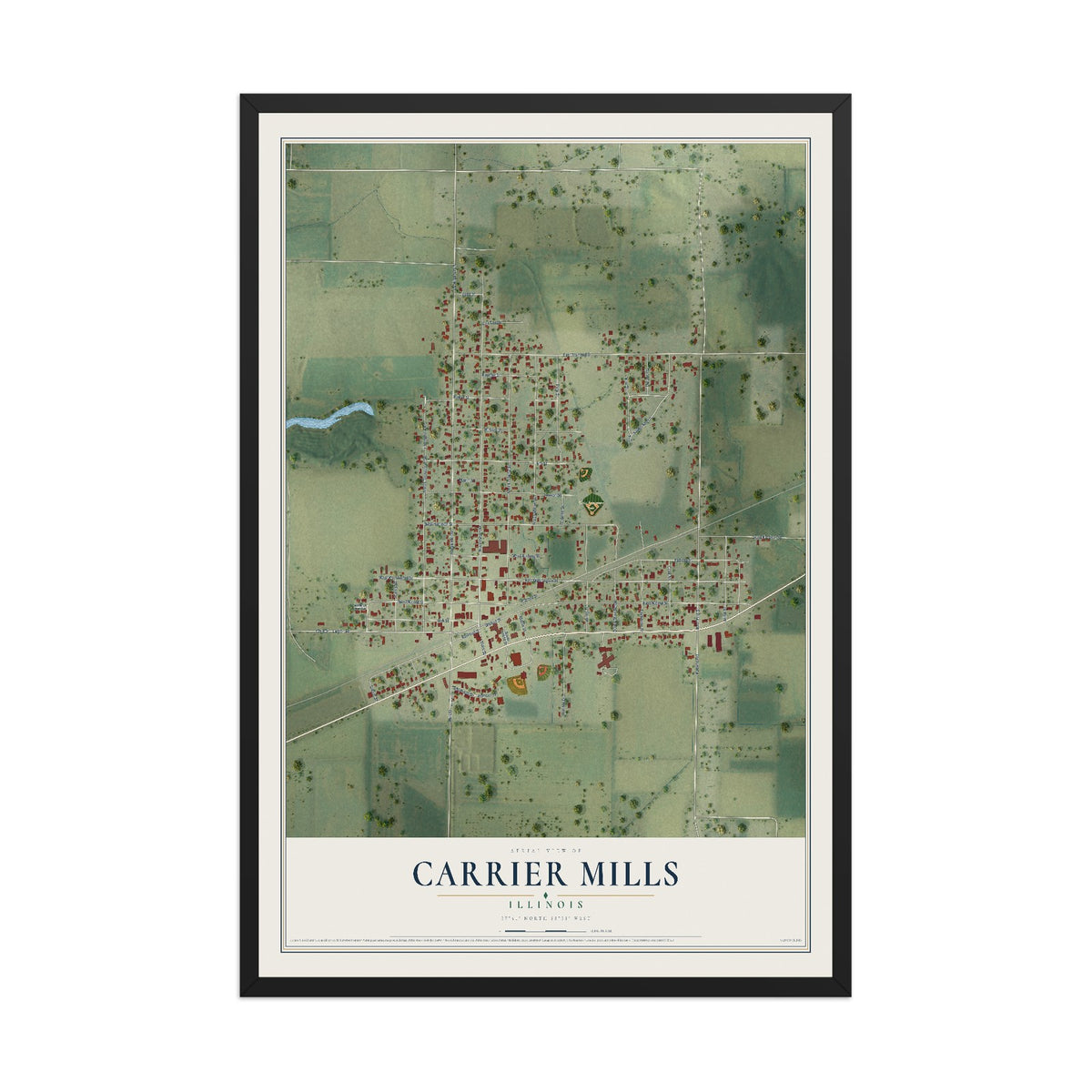 Map of Carrier Mills, Illinois, 12 x 18 inch print in a black wood frame