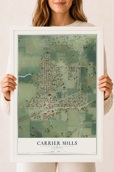 Map of Carrier Mills, Illinois, 18 x 24 inch print in a white wood frame