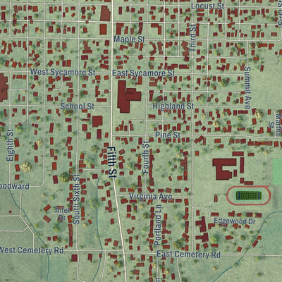 Close-up of the map of Carrollton, Illinois print showing street and building detail