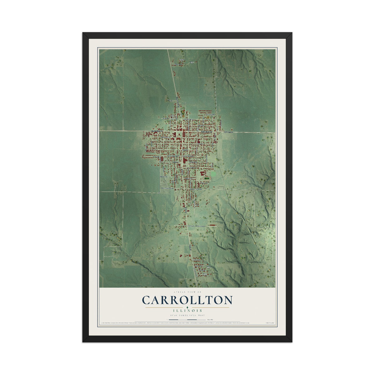 Map of Carrollton, Illinois, 12 x 18 inch print in a black wood frame