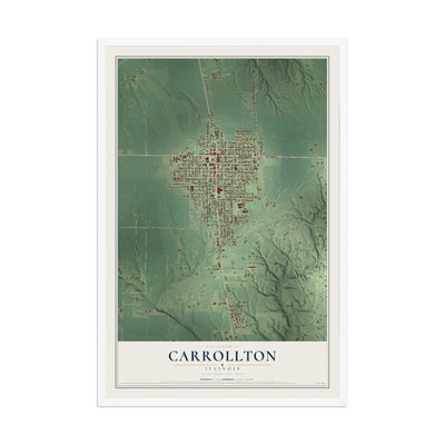 Map of Carrollton, Illinois, 12 x 18 inch print in a white wood frame