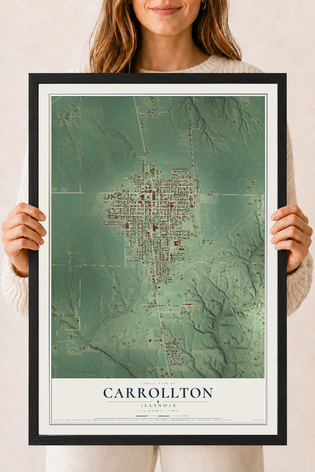 Map of Carrollton, Illinois, 18 x 24 inch print in a black wood frame
