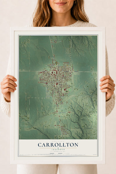 Map of Carrollton, Illinois, 18 x 24 inch print in a white wood frame