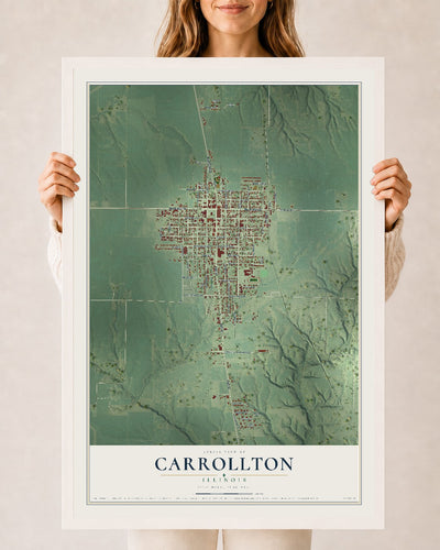 Map of Carrollton, Illinois, 24 x 36 inch print in a white wood frame