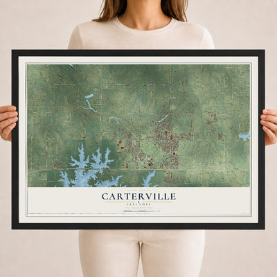 Map of Carterville, Illinois, 18 x 24 inch print in a black wood frame