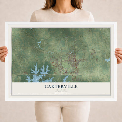 Map of Carterville, Illinois, 18 x 24 inch print in a white wood frame