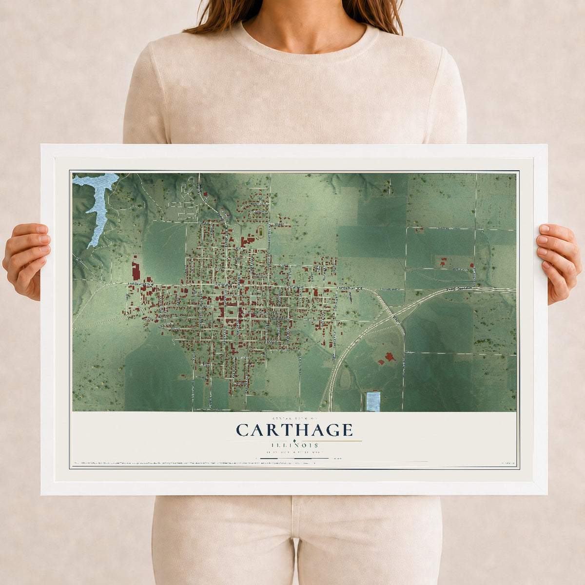 Map of Carthage, Illinois, 12 x 18 inch print in a white wood frame