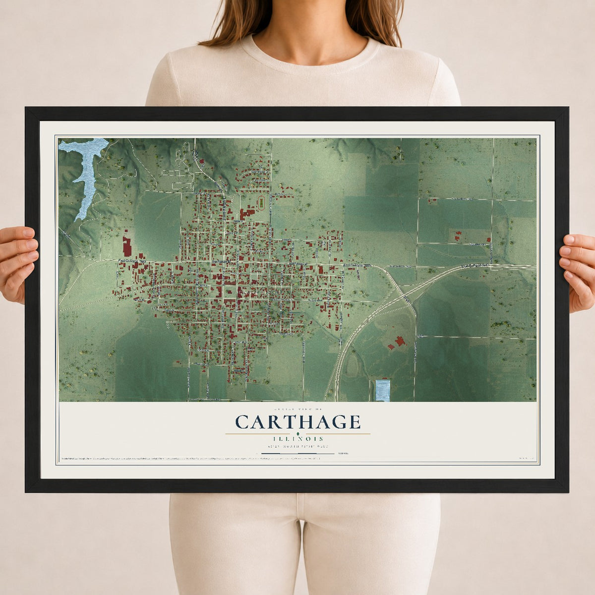 Map of Carthage, Illinois, 18 x 24 inch print in a black wood frame