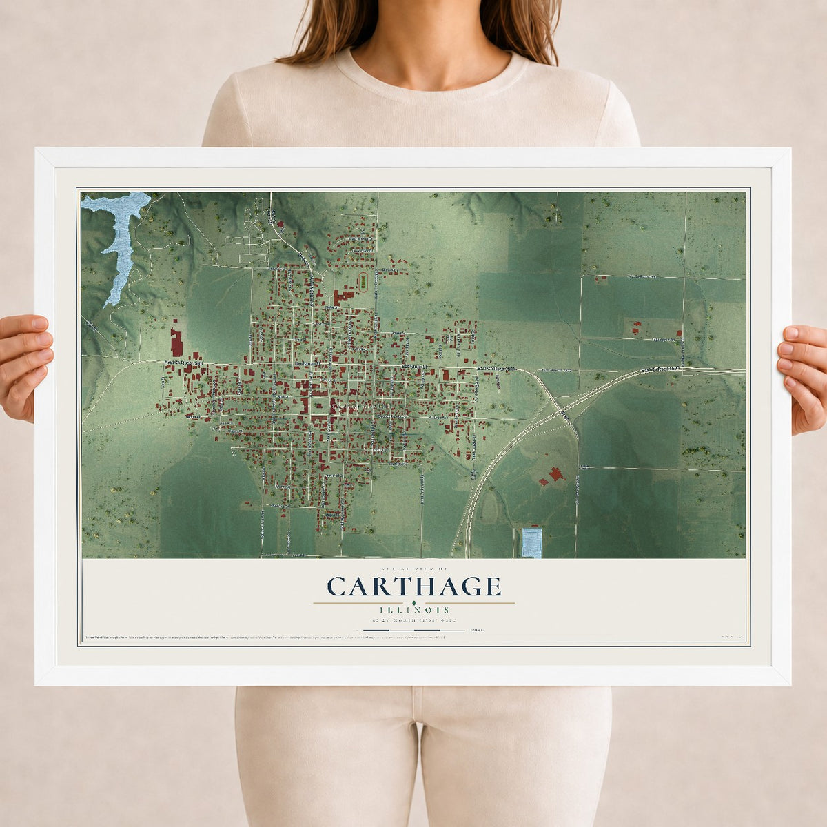 Map of Carthage, Illinois, 18 x 24 inch print in a white wood frame