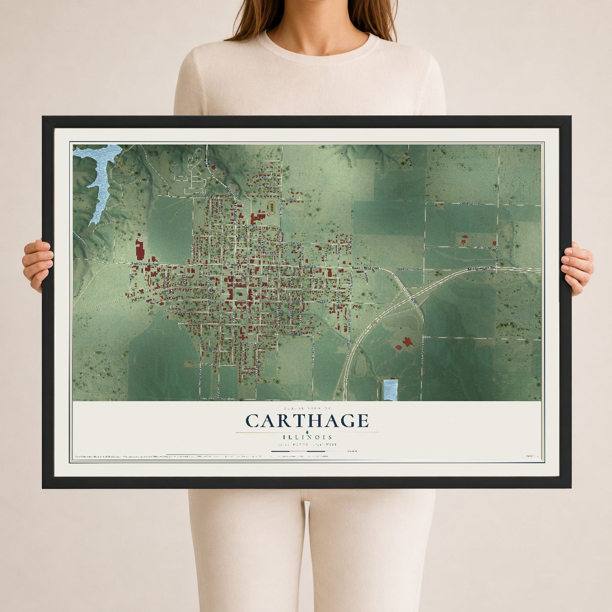 Map of Carthage, Illinois, 24 x 36 inch print in a black wood frame