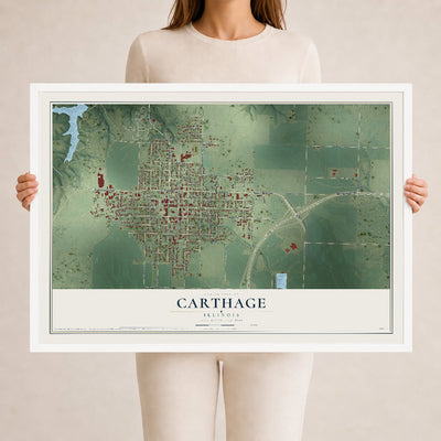 Map of Carthage, Illinois, 24 x 36 inch print in a white wood frame