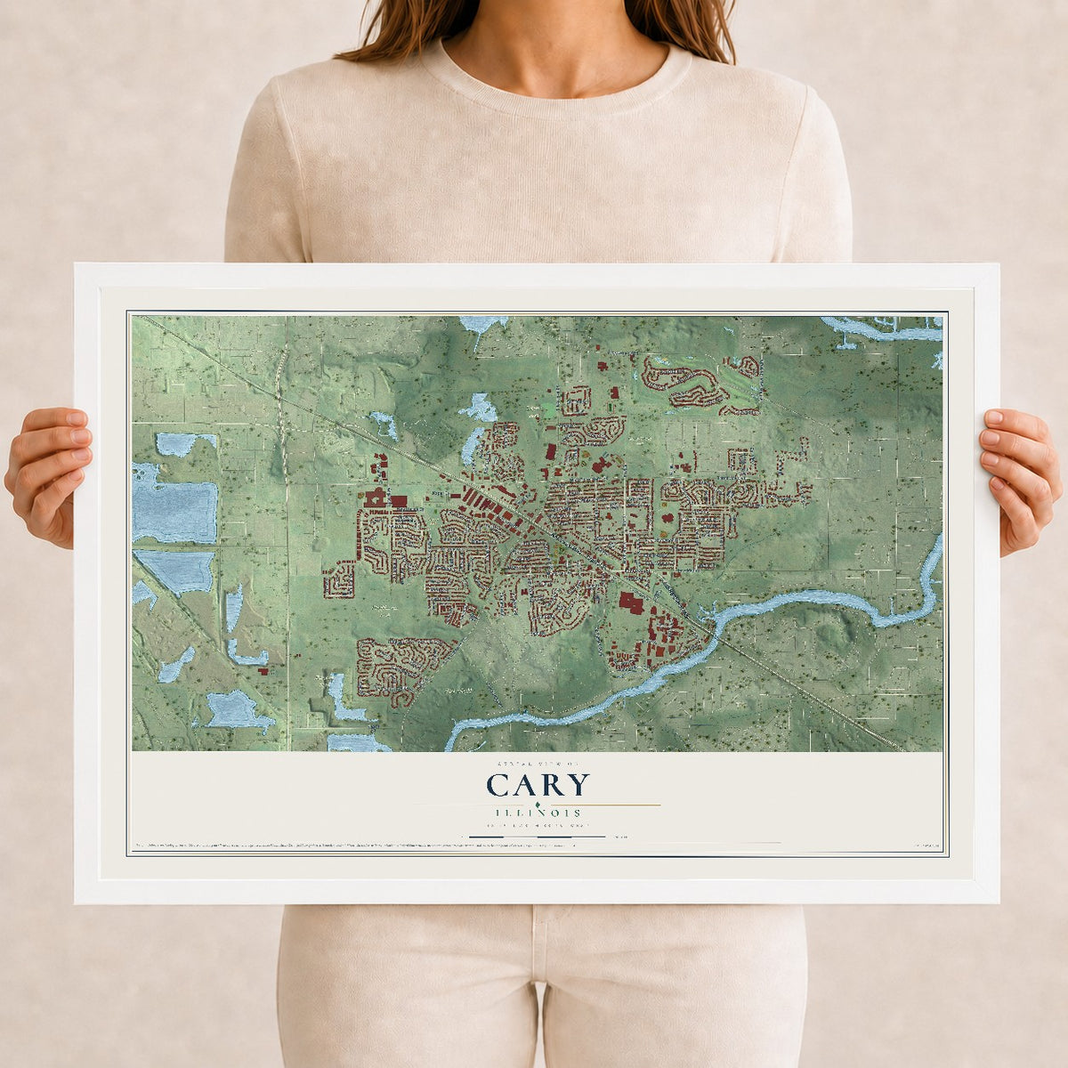 Map of Cary, Illinois, 12 x 18 inch print in a white wood frame