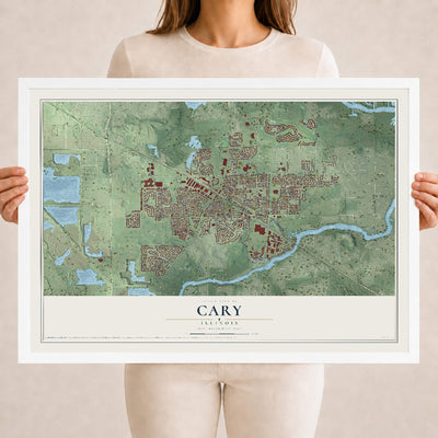 Map of Cary, Illinois, 18 x 24 inch print in a white wood frame