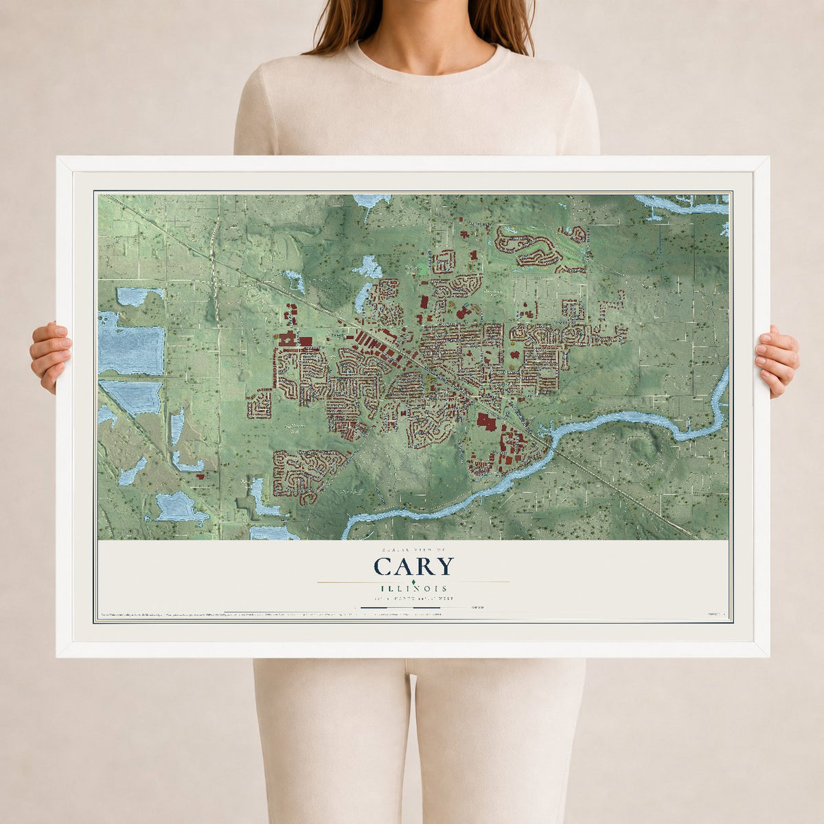 Map of Cary, Illinois, 24 x 36 inch print in a white wood frame