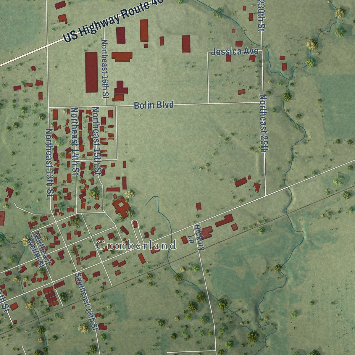 Second close-up of the map of Casey, Illinois print showing more streets and buildings