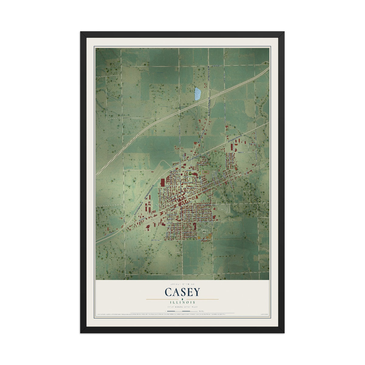 Map of Casey, Illinois, 12 x 18 inch print in a black wood frame