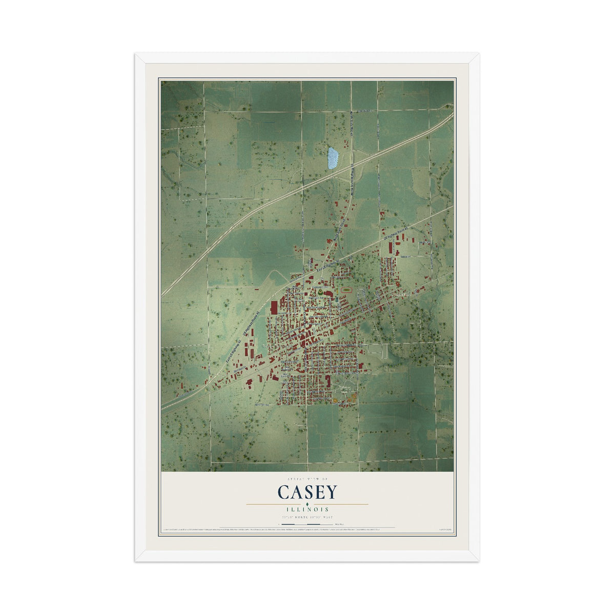 Map of Casey, Illinois, 12 x 18 inch print in a white wood frame