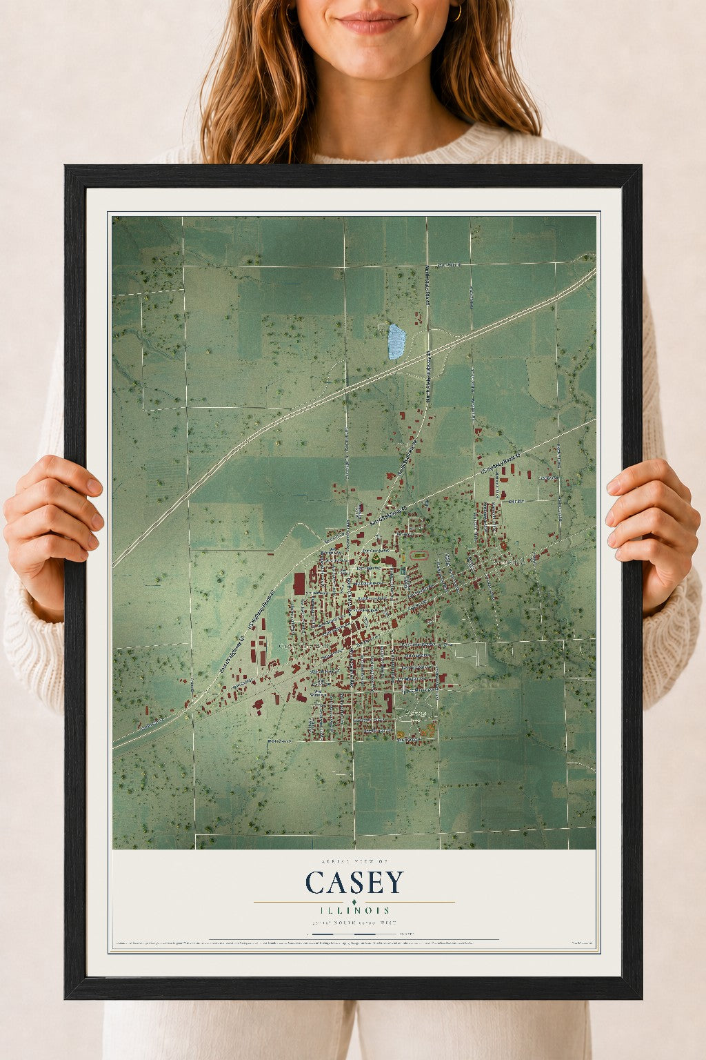 Map of Casey, Illinois, 18 x 24 inch print in a black wood frame