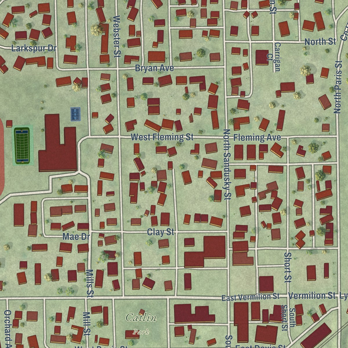 Close-up of the map of Catlin, Illinois print showing street and building detail