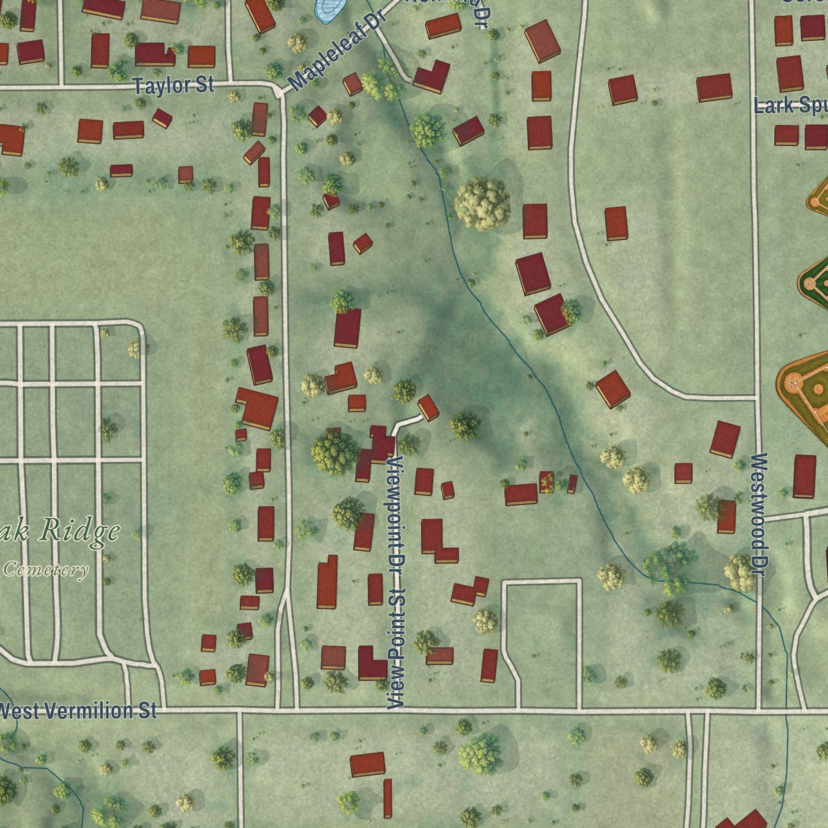 Second close-up of the map of Catlin, Illinois print showing more streets and buildings