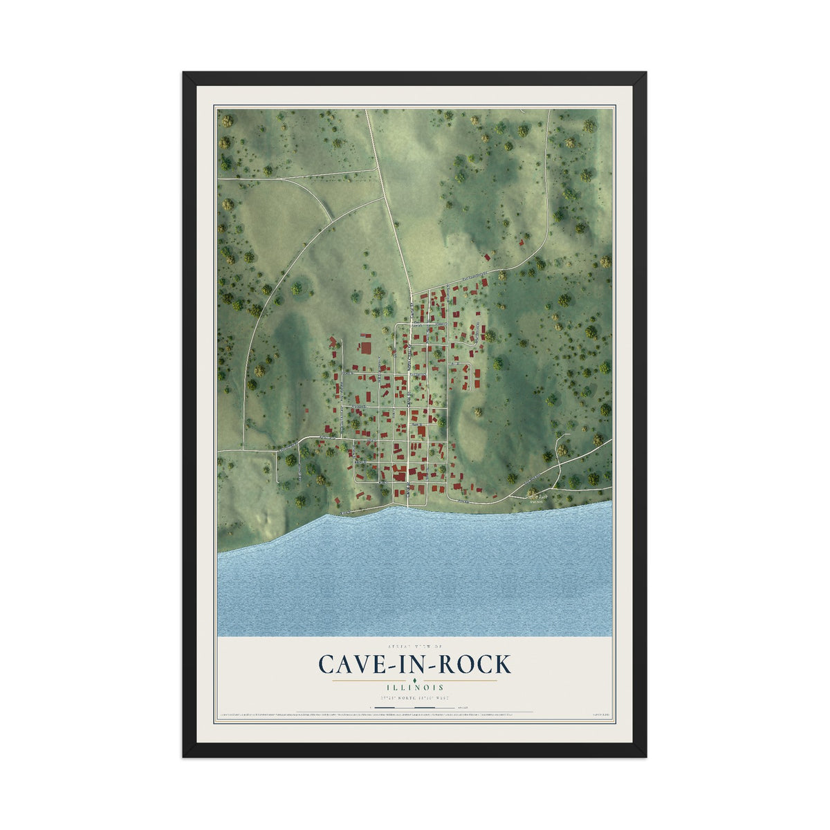 Map of Cave-In-Rock, Illinois, 12 x 18 inch print in a black wood frame