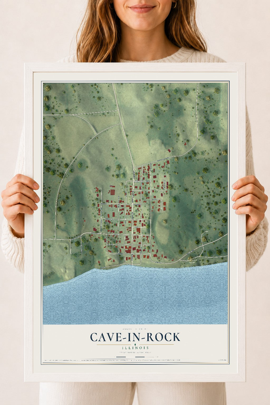 Map of Cave-In-Rock, Illinois, 18 x 24 inch print in a white wood frame